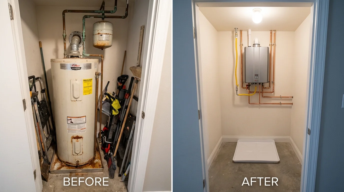 Tank water heater versus wall-mounted tankless unit comparison for Central City, NE homeowners