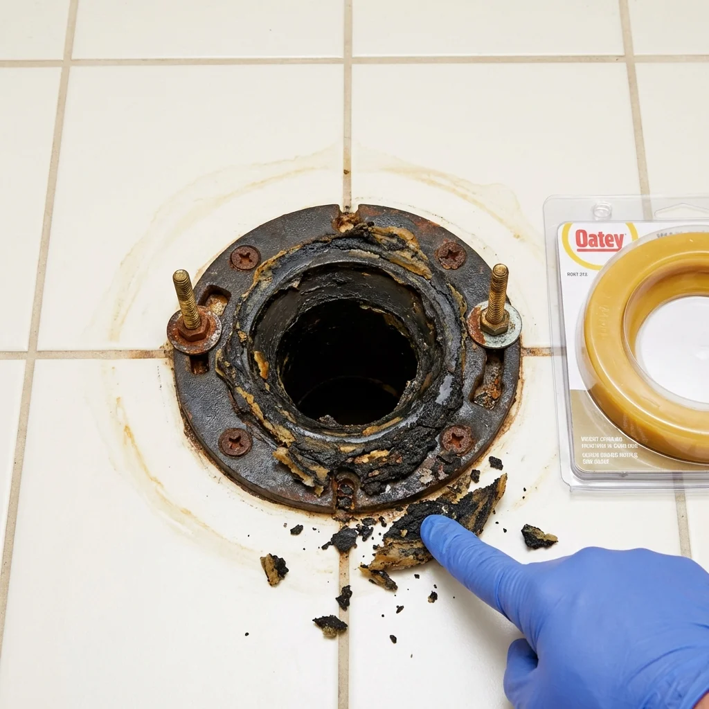 Failed wax ring showing water seepage at the base of a toilet in a Central City, NE home