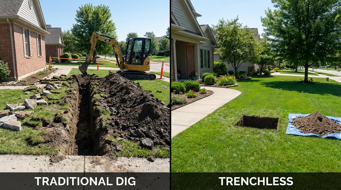 Trenchless sewer repair with minimal yard damage versus traditional excavation in Central City, NE